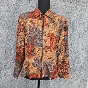 C.B. Collections Zip Up Jacket Womens Petite Brown Abstract Swirl Vintage 9198P